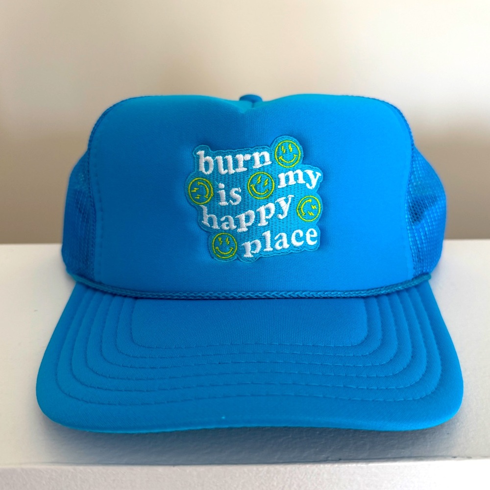 Burn Boot Camp “Burn is My Happy Place” Foam Trucker Hat Blue Smile Bootcamp Cap